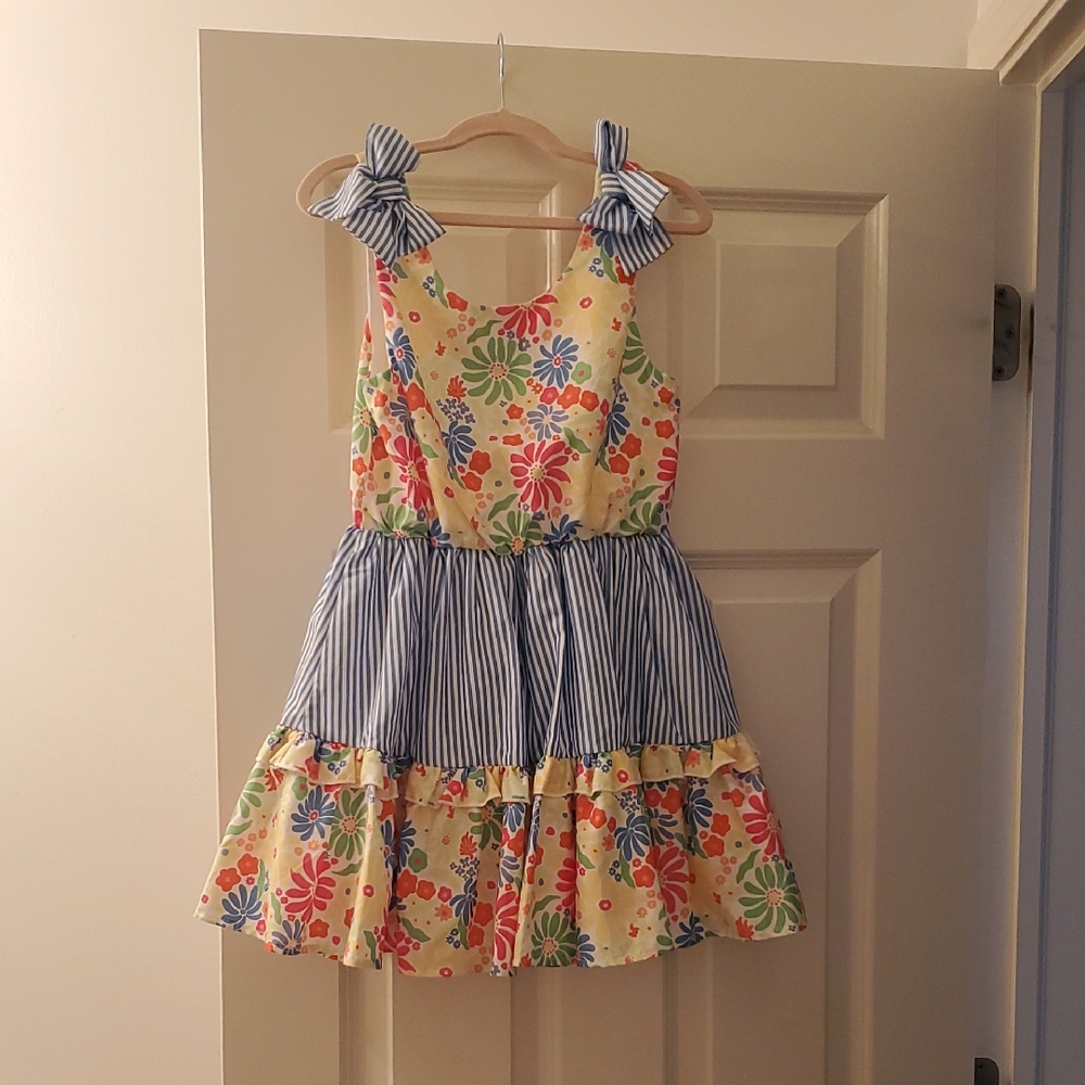 Mini Boden Yellow Floral and Blue Striped Dress